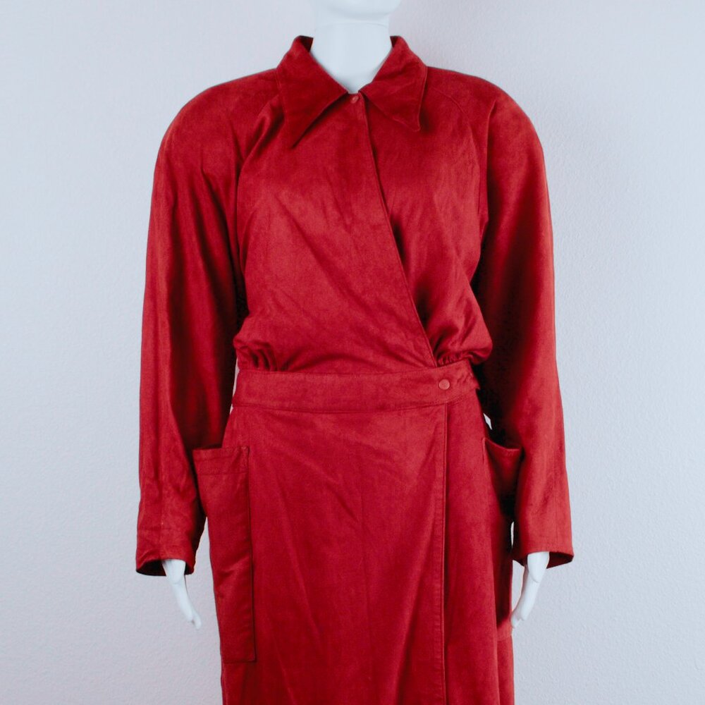 Vintage Vakko Red Suede Shirtdress Avant Garde 80s Size 8